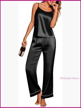 Silk Satin Pajama Set Sleeveless with Pockets Summer Sleepwear S-XXL